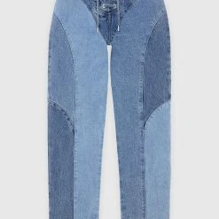 Woman Denim Lace Up Patchwork Mom Jeans - Mid Blue
