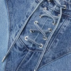 Woman Denim Lace Up Patchwork Mom Jeans - Mid Blue