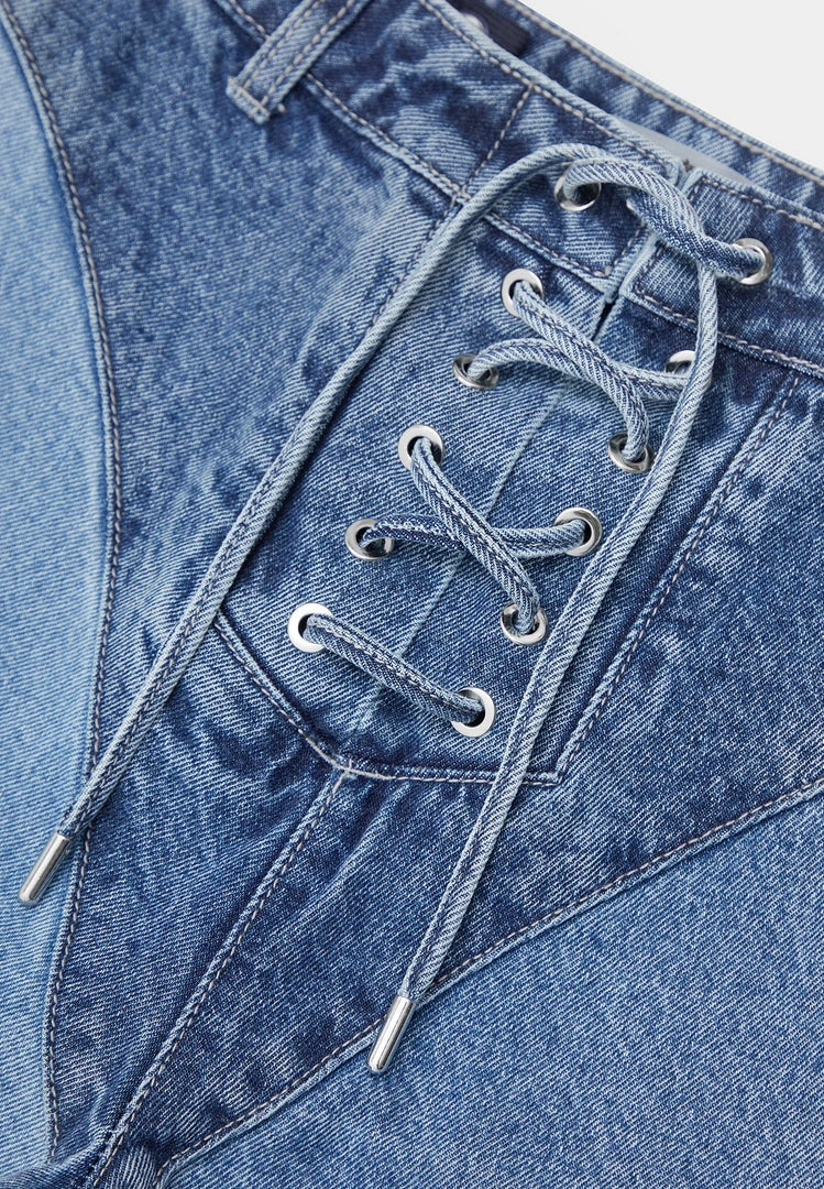 Woman Denim Lace Up Patchwork Mom Jeans - Mid Blue