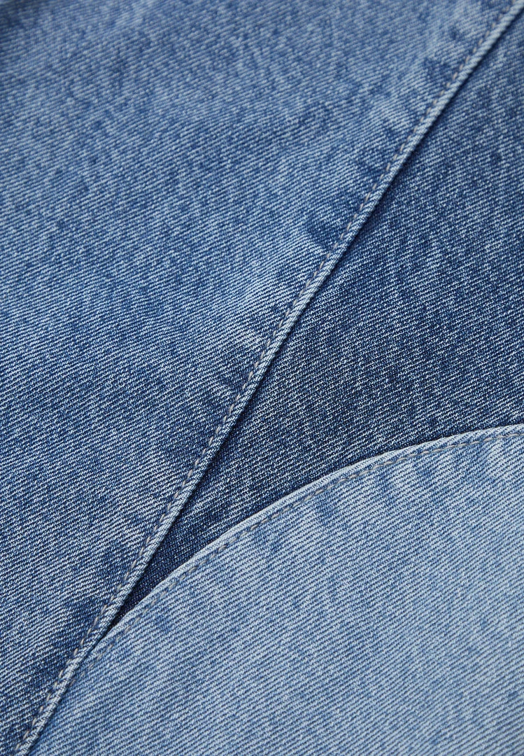 Woman Denim Lace Up Patchwork Mom Jeans - Mid Blue