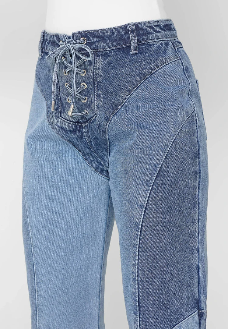 Woman Denim Lace Up Patchwork Mom Jeans - Mid Blue