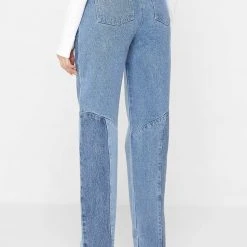 Woman Denim Lace Up Patchwork Mom Jeans - Mid Blue