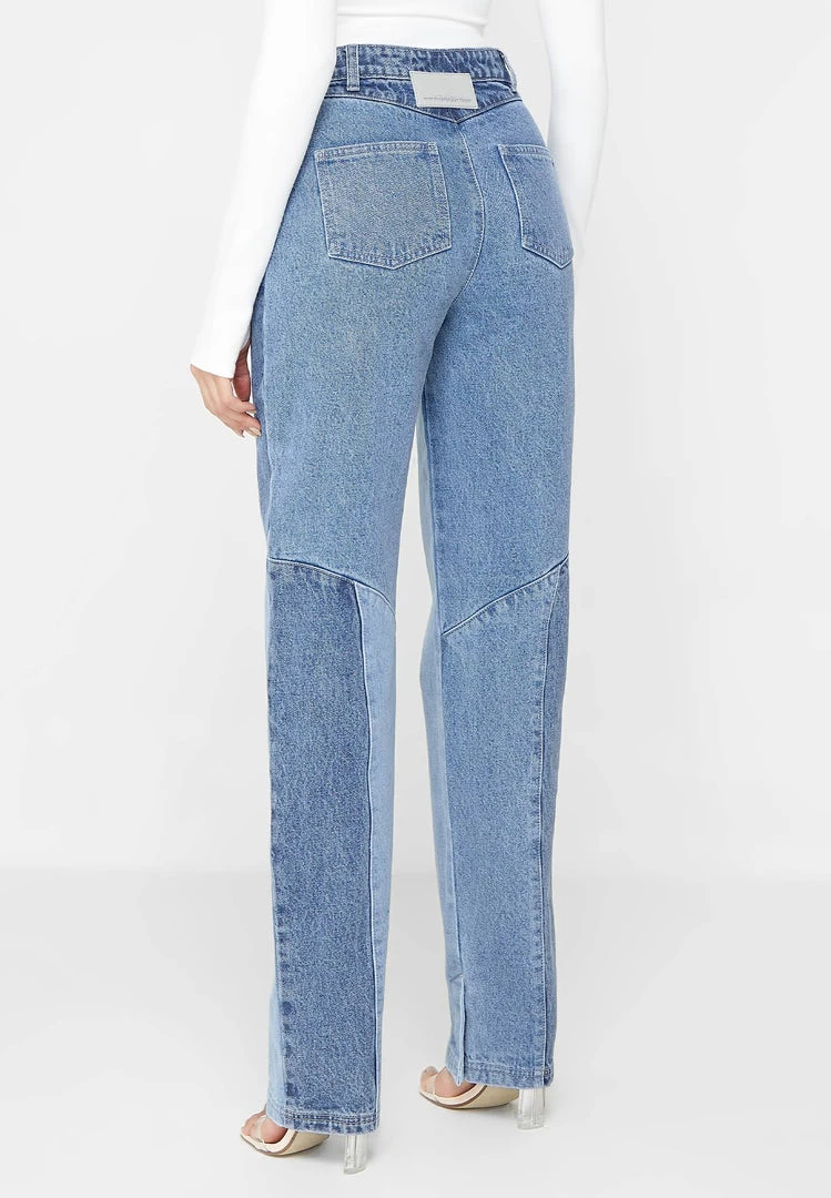 Woman Denim Lace Up Patchwork Mom Jeans - Mid Blue