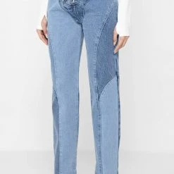 Woman Denim Lace Up Patchwork Mom Jeans - Mid Blue