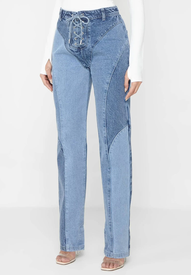 Woman Denim Lace Up Patchwork Mom Jeans - Mid Blue
