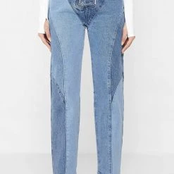 Woman Denim Lace Up Patchwork Mom Jeans - Mid Blue