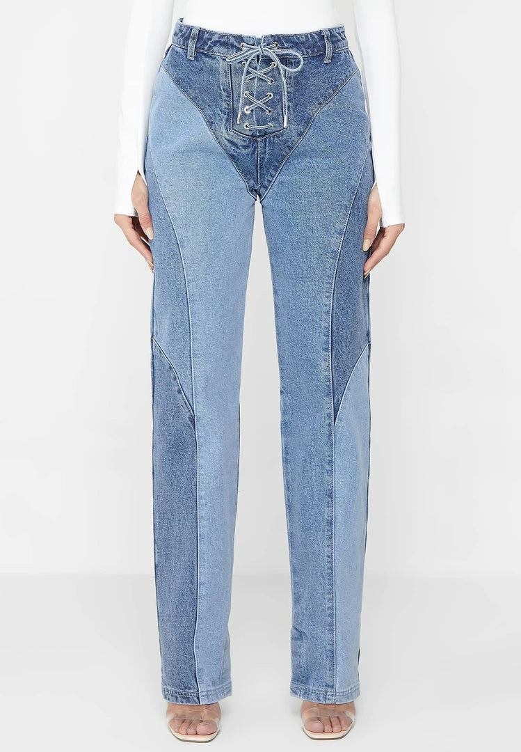 Woman Denim Lace Up Patchwork Mom Jeans - Mid Blue