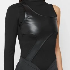 Woman Tops BODYSUITS Leather Overlay Bodysuit - Black