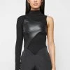 Woman Tops BODYSUITS Leather Overlay Bodysuit - Black