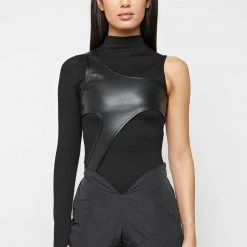 Woman Tops BODYSUITS Leather Overlay Bodysuit - Black