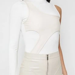 Woman Tops BODYSUITS Leather Overlay Bodysuit - White