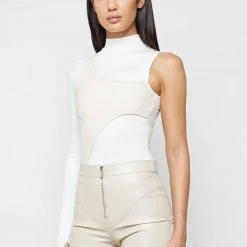 Woman Tops BODYSUITS Leather Overlay Bodysuit - White