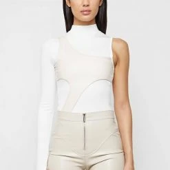 Woman Tops BODYSUITS Leather Overlay Bodysuit - White