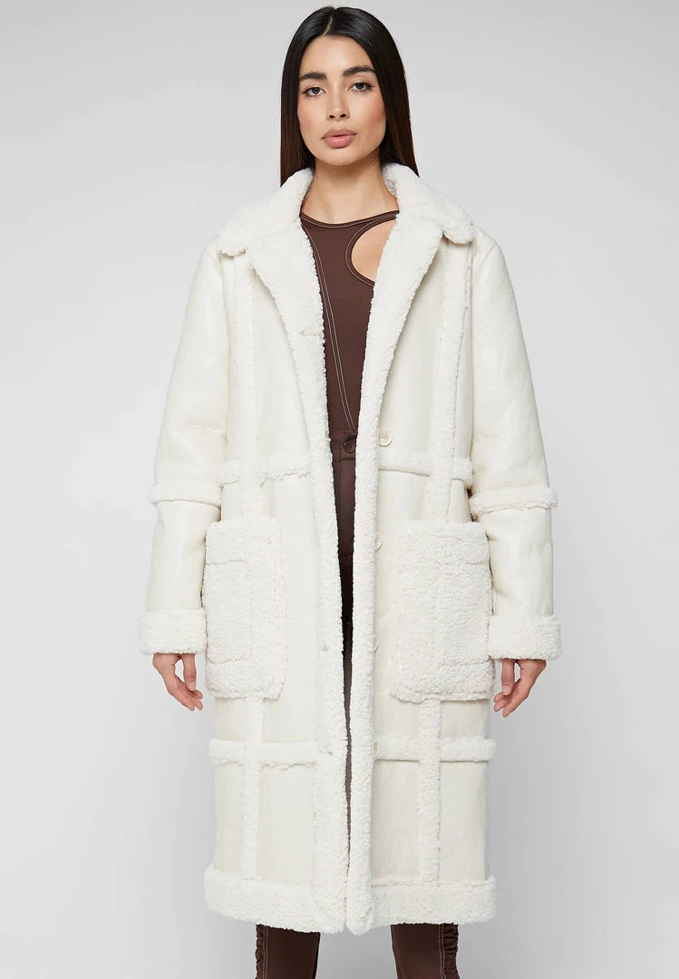 Woman Coats Limited Edition Vegan Leather & Shearling Coat - Beige OUTERWEAR