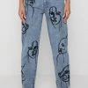 Woman Denim Line Art Mom Jeans - Mid Blue