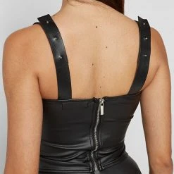 Woman Tops Matte Vegan Leather Crossover Bustier Top - Black