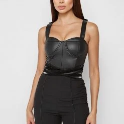 Woman Tops Matte Vegan Leather Crossover Bustier Top - Black