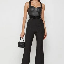 Woman Tops Matte Vegan Leather Crossover Bustier Top - Black