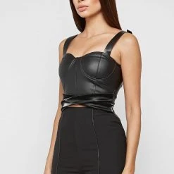 Woman Tops Matte Vegan Leather Crossover Bustier Top - Black