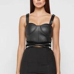 Woman Tops Matte Vegan Leather Crossover Bustier Top - Black
