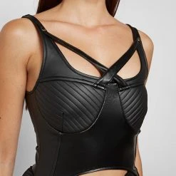 Woman Tops Matte Vegan Leather Suspender Top - Black TOPS & T SHIRTS