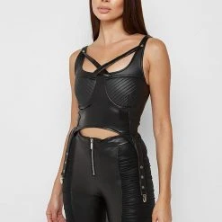 Woman Tops Matte Vegan Leather Suspender Top - Black TOPS & T SHIRTS
