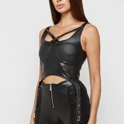 Woman Tops Matte Vegan Leather Suspender Top - Black TOPS & T SHIRTS