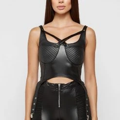Woman Tops Matte Vegan Leather Suspender Top - Black TOPS & T SHIRTS