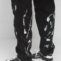 Man Casual Trousers Paint Splatter Cargo Pants - Black