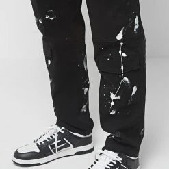 Man Casual Trousers Paint Splatter Cargo Pants - Black
