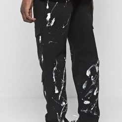 Man Casual Trousers Paint Splatter Cargo Pants - Black