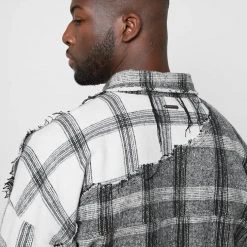 Man Shirts Mixed Check Distressed Shirt - Grey