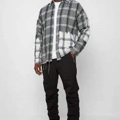 Man Shirts Mixed Check Distressed Shirt - Grey