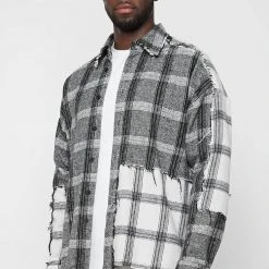 Man Shirts Mixed Check Distressed Shirt - Grey