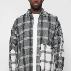 Man Shirts Mixed Check Distressed Shirt - Grey