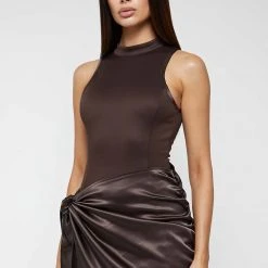Woman Dresses Neoprene & Satin Wrap Bodycon Dress - Brown