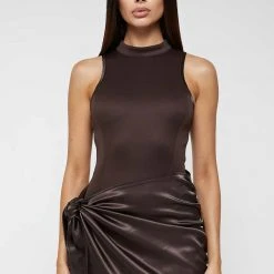 Woman Dresses Neoprene & Satin Wrap Bodycon Dress - Brown