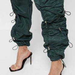 Woman Trousers Nylon Bungee Ruched Cargo Pants - Forest Green