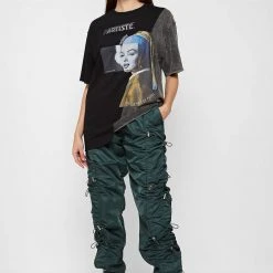 Woman Trousers Nylon Bungee Ruched Cargo Pants - Forest Green