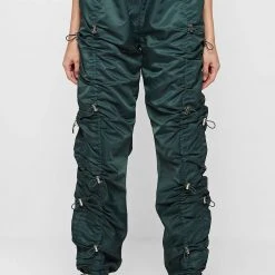 Woman Trousers Nylon Bungee Ruched Cargo Pants - Forest Green