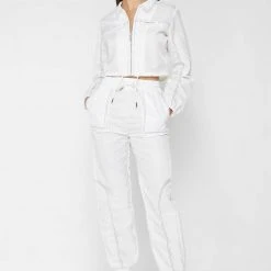 Woman Trousers Nylon Contrast Stitch Track Pants - White TRACKSUITS