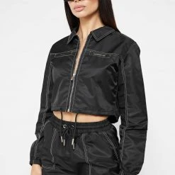 Woman Jackets Nylon Contrast Stitch Track Top - Black