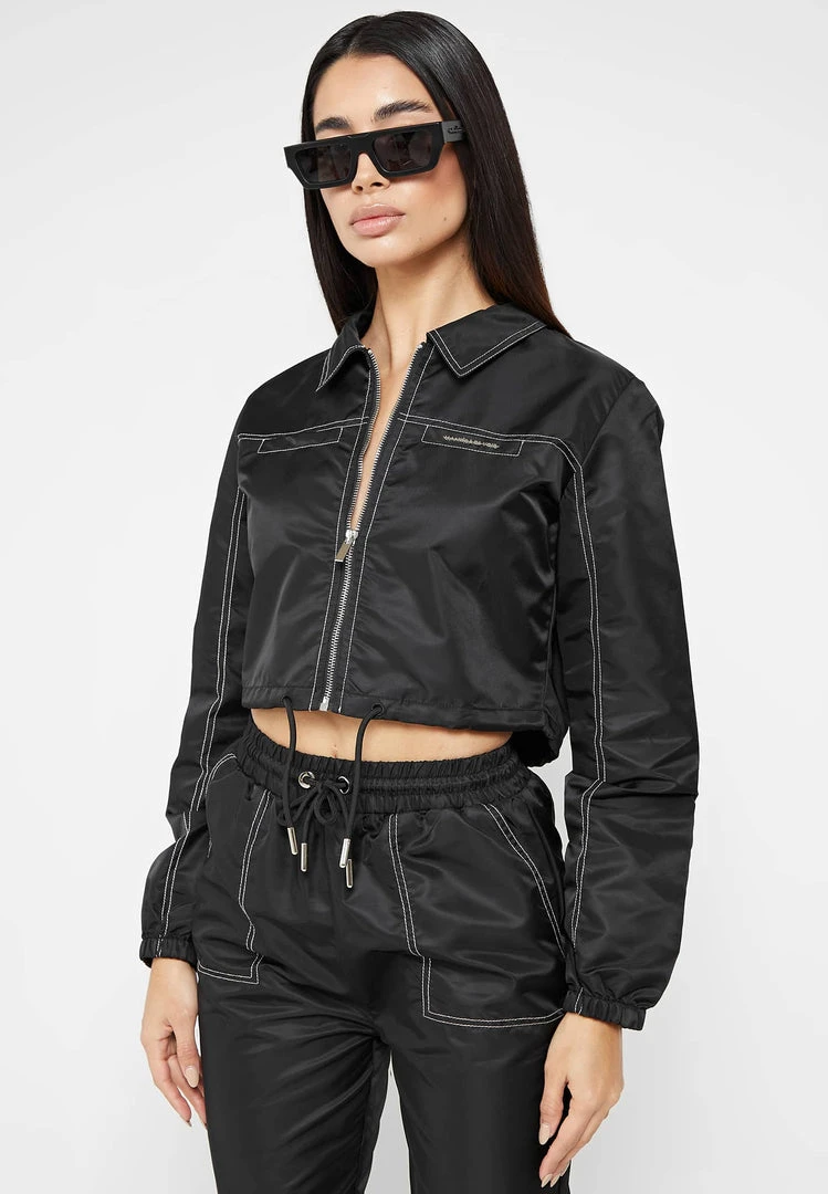 Woman Jackets Nylon Contrast Stitch Track Top - Black