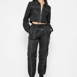 Woman Jackets Nylon Contrast Stitch Track Top - Black
