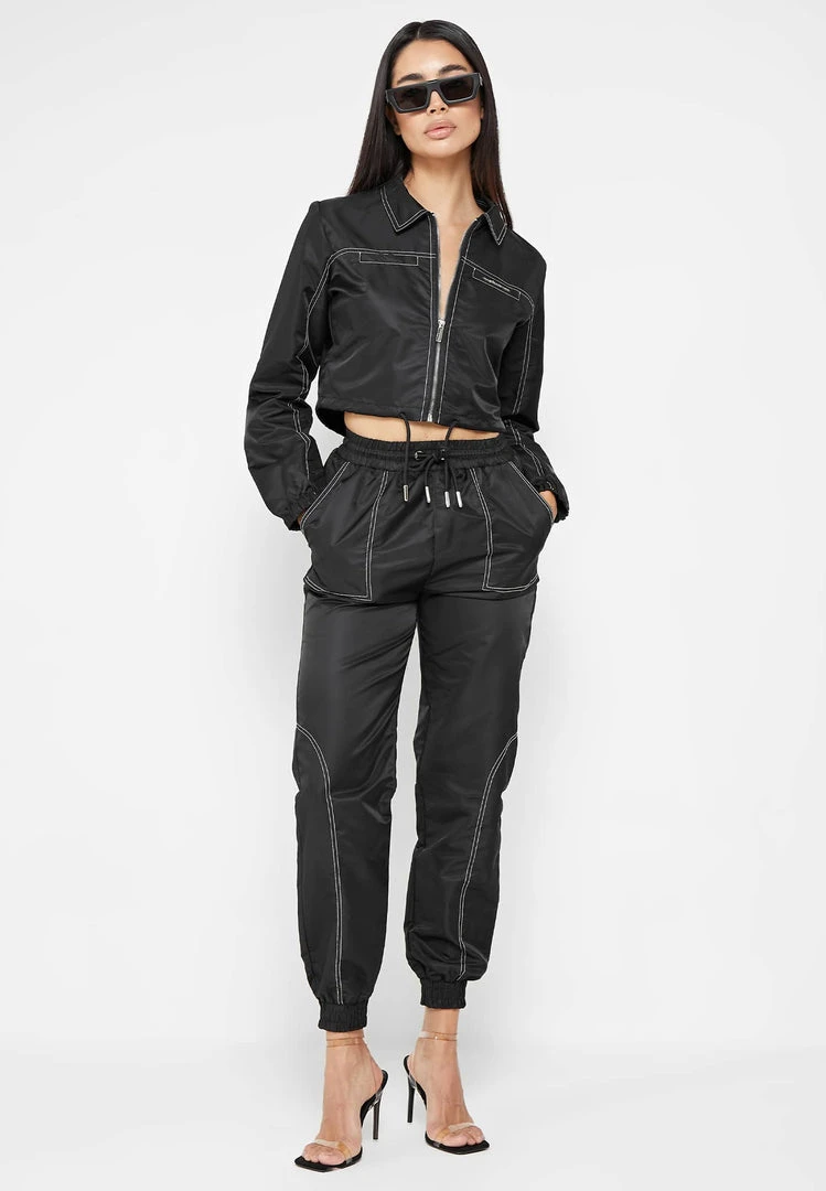 Woman Jackets Nylon Contrast Stitch Track Top - Black