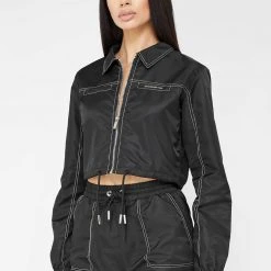 Woman Jackets Nylon Contrast Stitch Track Top - Black