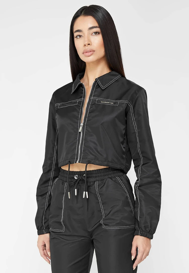 Woman Jackets Nylon Contrast Stitch Track Top - Black