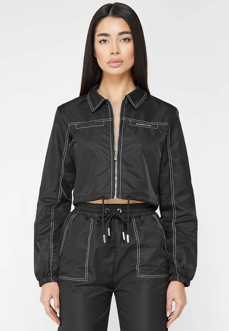 Woman Jackets Nylon Contrast Stitch Track Top - Black