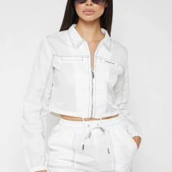 Woman Jackets Nylon Contrast Stitch Track Top - White