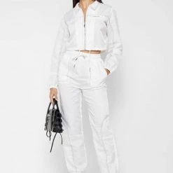 Woman Jackets Nylon Contrast Stitch Track Top - White